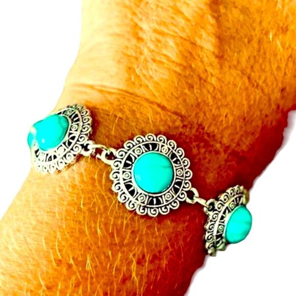 Silver Round Filagree Link Turquoise Adjustable Toggle Bangle Bracelets NEW - Picture 1 of 4